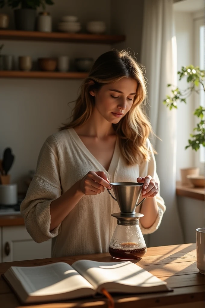 A woman brewing fresh coffee in the morning at the table with an open Bible in the background