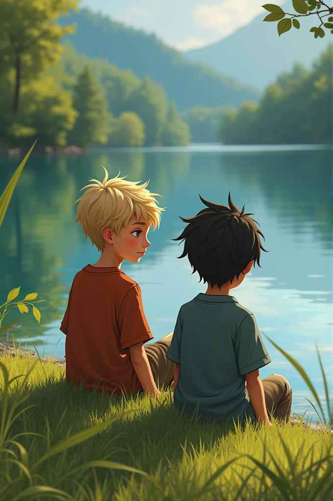 Image of two boys around the  on the edge of a lake, the one with blond hair behind the one with dark hair, 