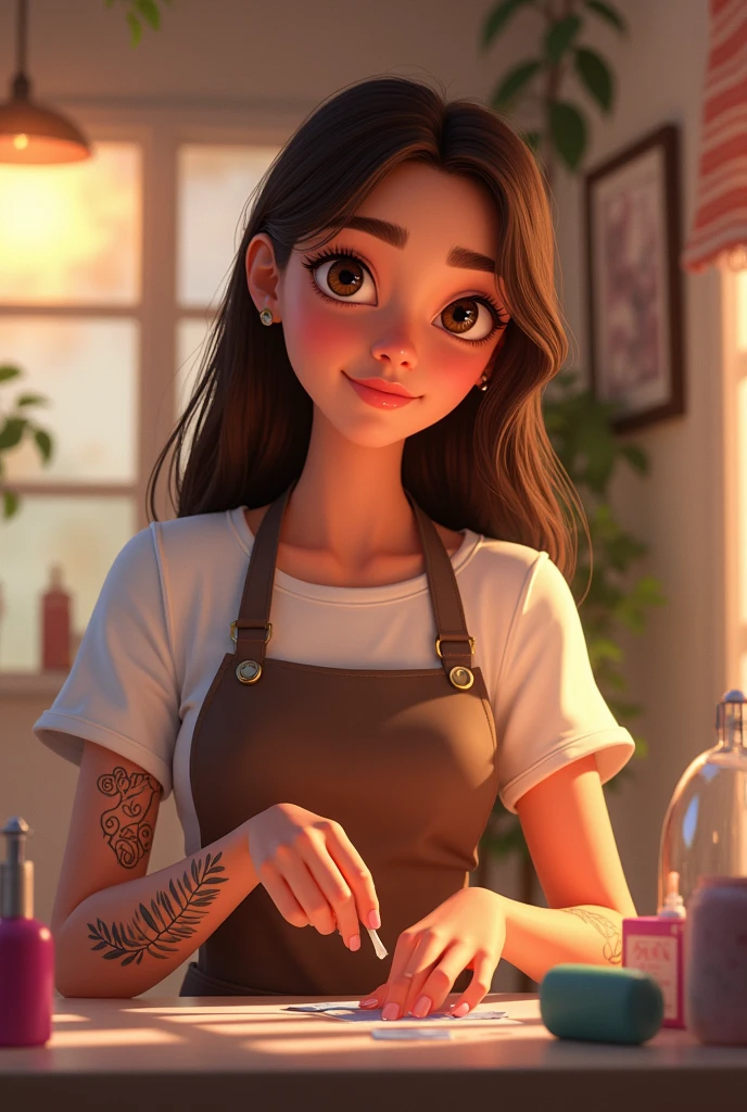 Brisa Manicurist pixar, with apron long straight brown hair brown eyes and curly brunette tattoo on forearm