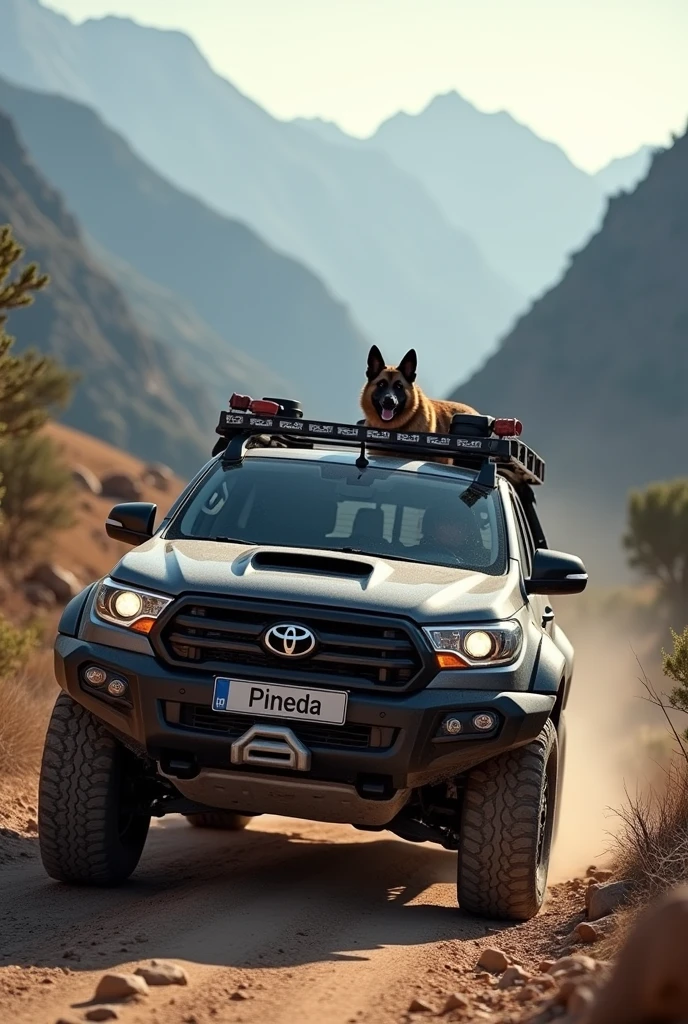 Create a white Toyota Hilux, that the license plate holder says "PINEDA" And in the back I carried the rolban and a German shepherd dog with totally black tinted windows and a rough appearance, with a mountain background, on a dirt road 