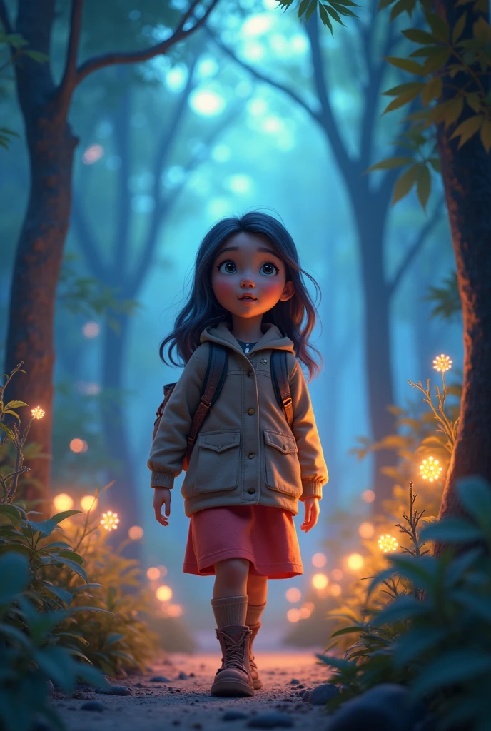 A young girl continuing her journey, with a glowing image of the Spirit Forest in the background, symbolizing cherished memories and guiding light.""Hyper-realistic, 8k,ultra HD, pixar style, Disney style, cinima 4d, ar 3:2
