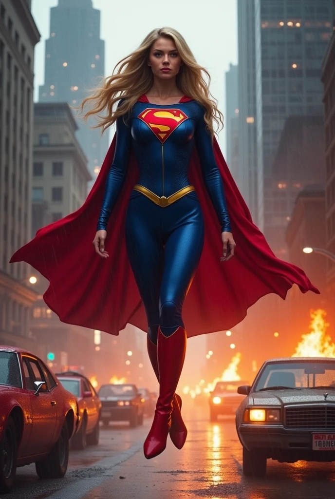 A beautiful woman with long blonde hair wearing a blue leather jumpsuit blue corset over her jumpsuit red cape red boots long boots up to her knees Kara zor-El aka Supergirl in a dark apocalyptic rainy city cars and buildings on fire red magic in her eyes flying over the city skyscrapers on fire