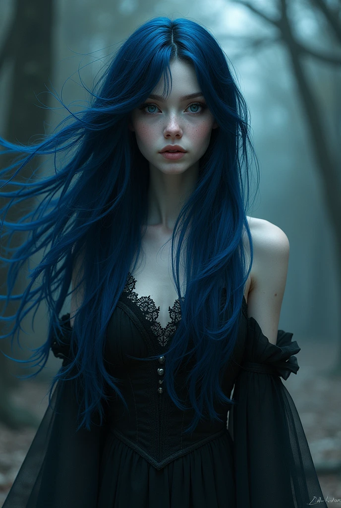 Beautiful white girl with long blue and black hair death style