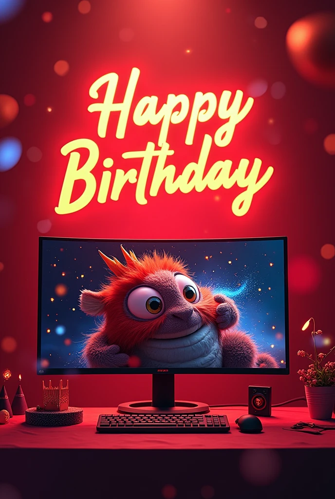 an anniversary birthday card featuring MSI Lucky and dragon MSI  Lucky , MEG 342CQD-OLED monitor, happy birthday card