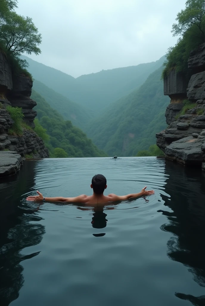 A man floats in a natural waterfall pool on a cliff, enjoying the serene view of the valley. The man is in the center of the picture, floating on his back in the water with his arms outstretched. He is looking up at the sky. The water is dark and still, reflecting the cloudy sky above. The flat small
cliffs on hilltop either side of the natural waterfall pool are brown and rocky. In the long distance, there are green hills top covered with trees and a hazy sky. The overall atmosphere is tranquil and peaceful, with a sense of awe and wonder at the natural beauty of the scene. The man appears to be enjoying the quiet solitude of the moment. The photo conveys a feeling of serenity and freedom, as the man is completely immersed in the natural beauty of his surroundings.