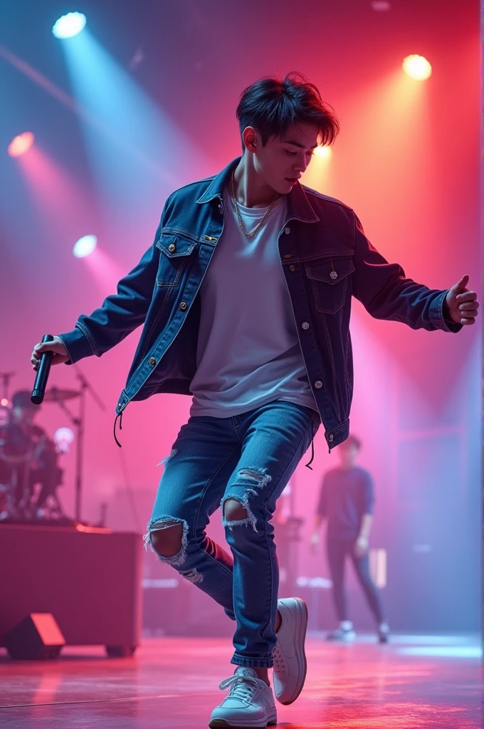 Asian man k-idol style, dancing on a stage with a dancer&#39;s microphone, wearing street style clothes