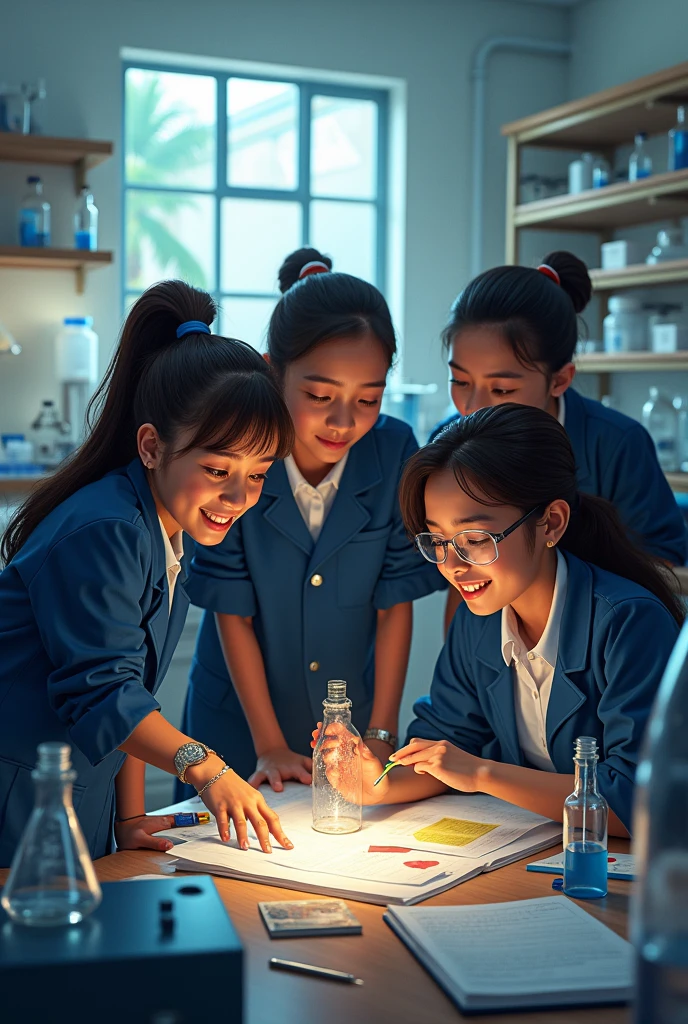 Boys and girls aged 15 in dark blue uniforms, Colombians in a laboratory studying happily