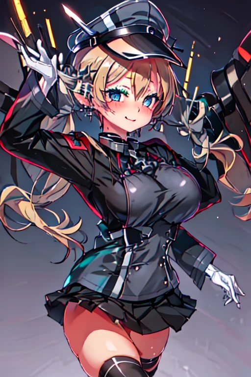 best quality, masterpiece, highres, solo, {prinz_eugen_kantaicollection:1.15}, blonde_hair, long_hair, twintails, hair_ornament, anchor_hair_ornament, hat, peaked_cap, blush, low_twintails, military, smile, breasts, open_mouth, iron_cross, cross, aqua_eyes, blue_eyes, 1girl, black_skirt, black_thighhighs, gloves, long_sleeves, looking_at_viewer, military_hat, military_uniform, skirt, thighhighs, uniform, white_background, white_gloves, microskirt, pleated_skirt, simple_background