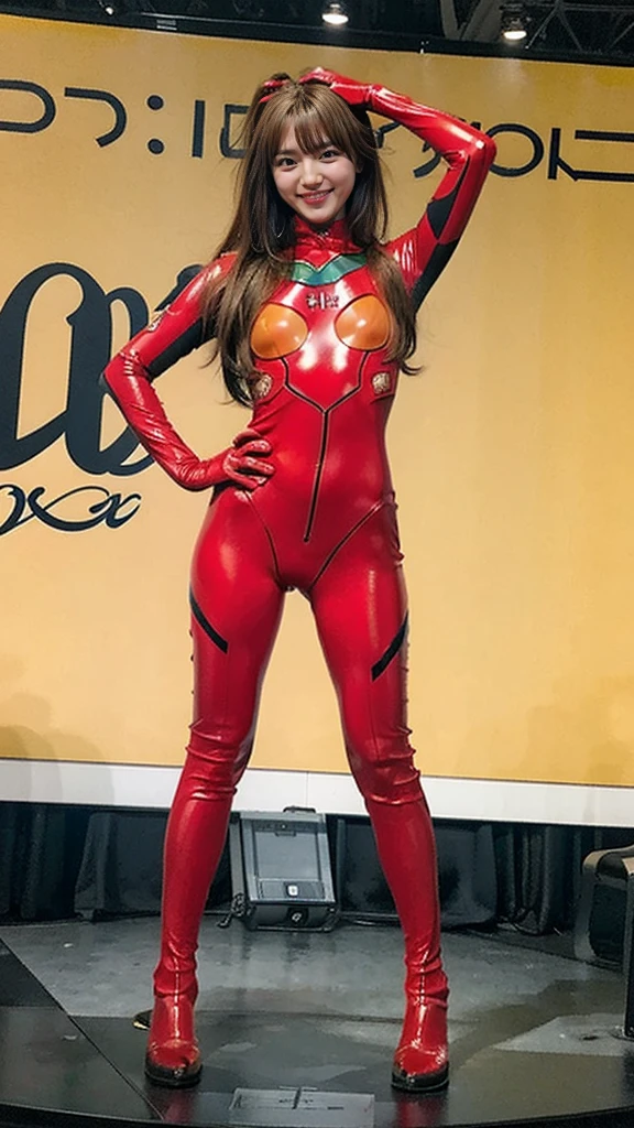 Highest quality, masterpiece, Realistic, photoRealistic, one person, alone, View your viewers, beautiful girl、low length、Small breasts、 whole body, Are standing, Long Hair, asuka Cosplay costume, Cosplay, Plug Suit, Bodysuits, hair ornaments, Photo shoot at the event venue、Small breasts、Upper body shot、A big smile