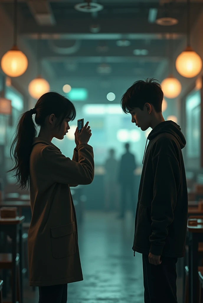 A girl trying to take a hidden picture of a boy .who is looking at her with bad intention. SHe looks little bit scary of him.and in photo the ai is scanning the face of bad boy . They are on the cafe something with the long space
