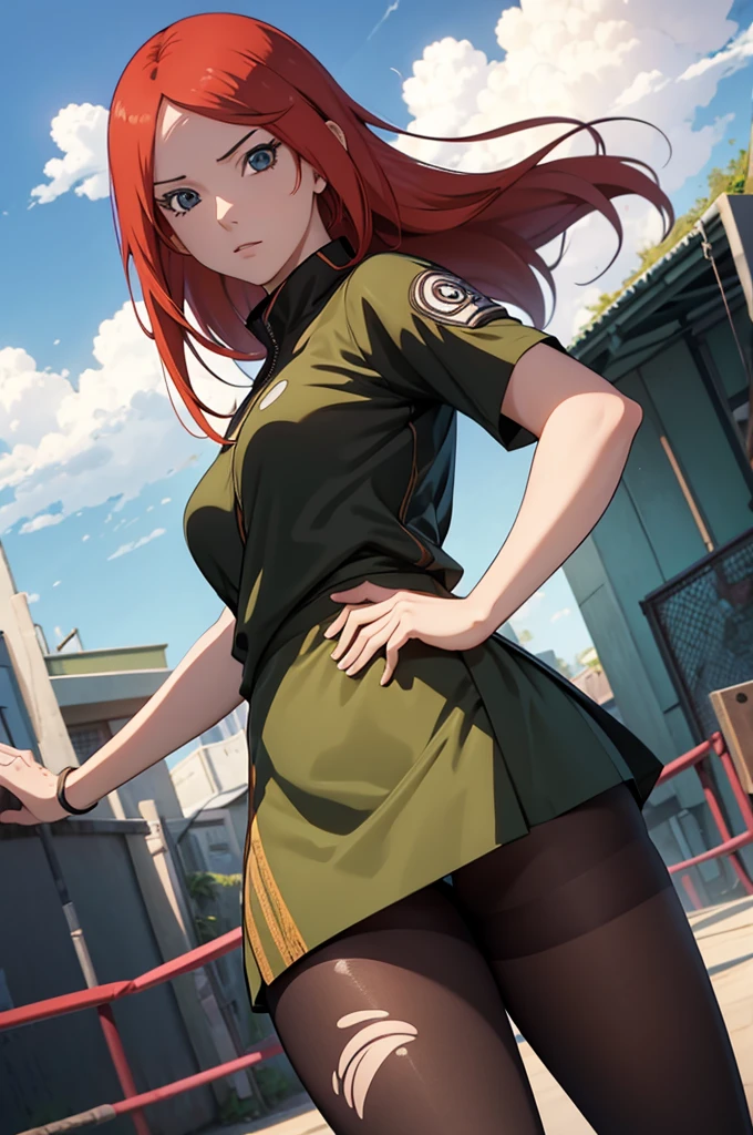 Kushina uzumaki from naruto shipuden, pantyhose, beautiful legs, ass, sexy, 1girl, detailed facial features, realistic, photorealistic, photo-realistic:1.37, best quality, 4k, 8k, highres, masterpiece:1.2, ultra-detailed, vivid colors, intricate details, cinematic lighting, dramatic shadows, character portrait, anime style, vibrant colors, glowing skin, flowing hair, seductive pose