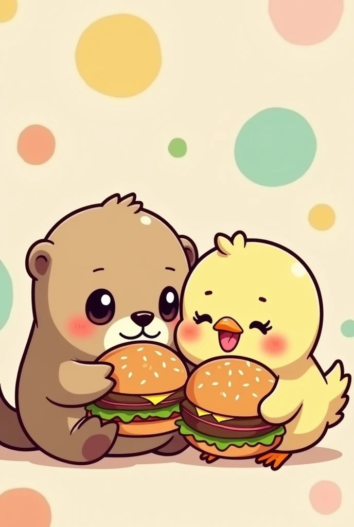 An otter and a chick eating hamburgers, drawn as kawaii emojis