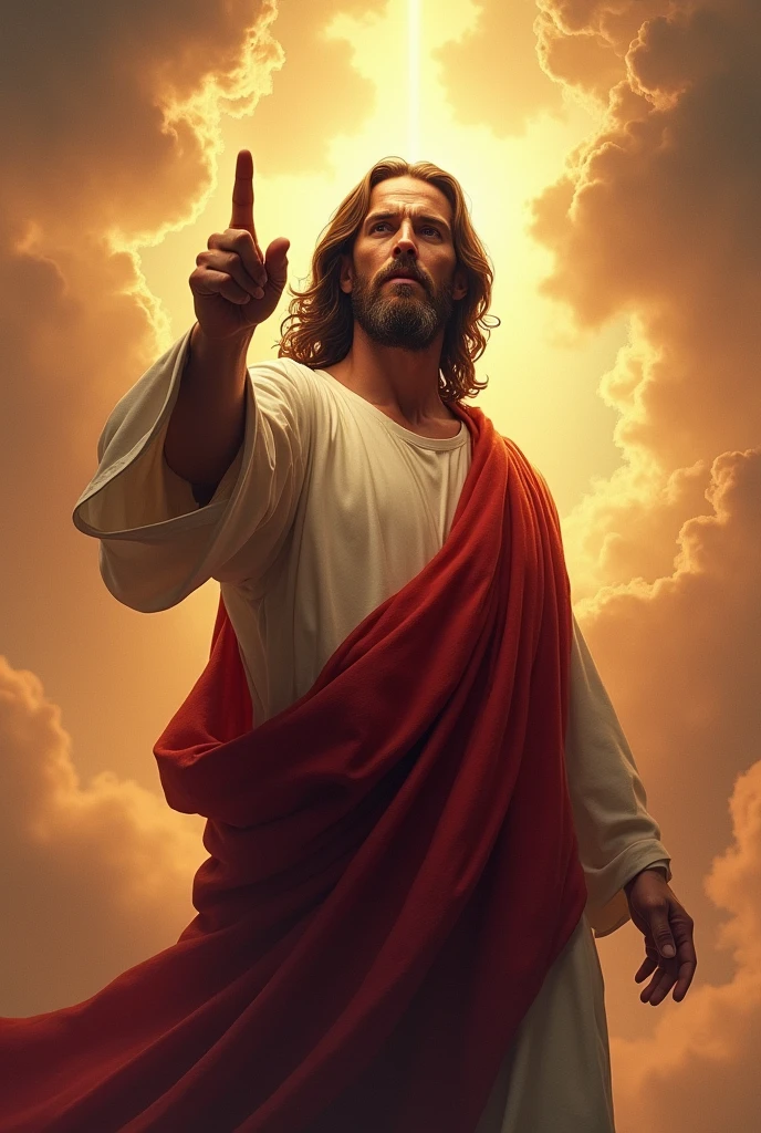 Wonderful Jesus Christ with a serious look pointing his finger forward, with a sky with rays in the background