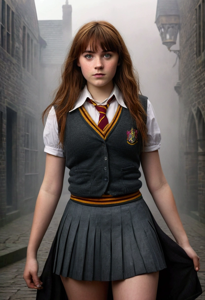 An illustrated movie poster, hand-drawn, full color, a teenage Hogwarts student, 18-years-old, female, wearing a charcoal vest and a pleated skirt, athletic hourglass figure, busty bosoms, full wide hips, massive round butt, long shapely legs, ridiculously thick powerful thighs, vibrant eyes, deep dark auburn hair, thick shaggy bangs, flushed sun-kissed complexion, freckles, attractive face, natural beauty, standing in a foggy Hogwarts courtyard, surrounded by mist, graphite shading, stencil marks, airbrushed acrylic paint, masterpiece, close-up shot, in the style of the Deathly Hallows