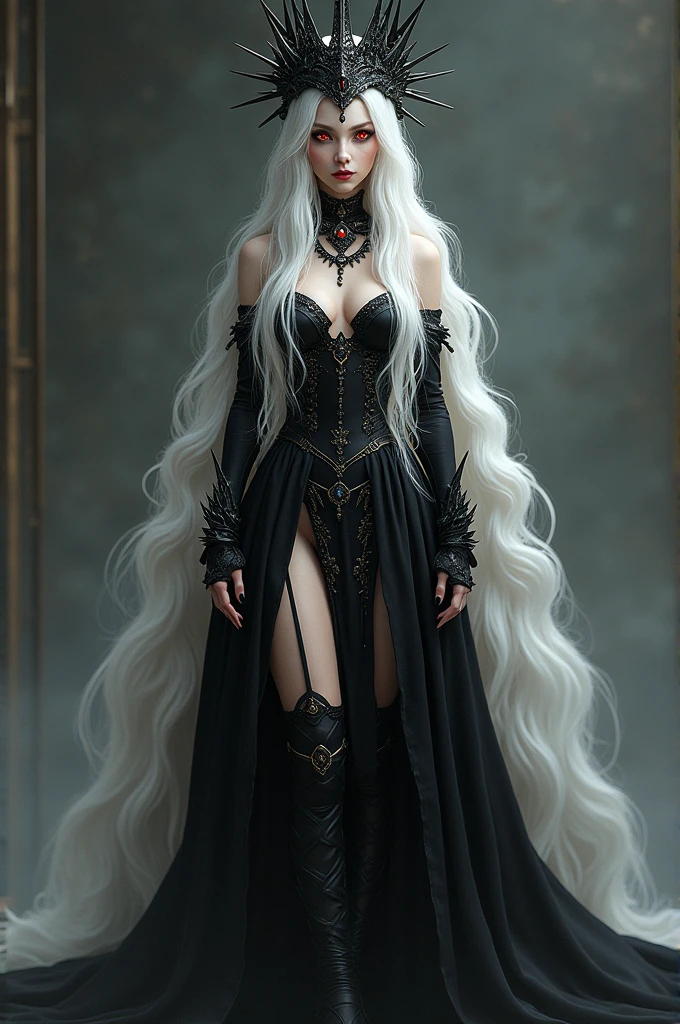 white hair, long hair, red eyes, dress, black crown, spiked diadem, black thighhighs, black footwear, jewerely