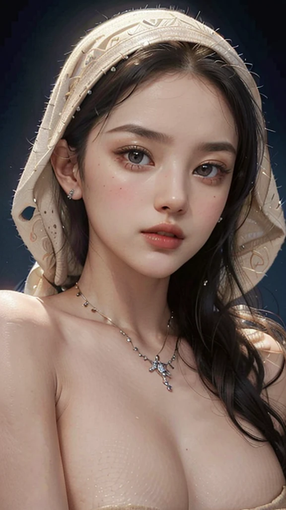 beautiful detailed eyes, beautiful detailed lips, extremely detailed eyes and face, longeyelashes, 1girl, wearing hijab, nude, large breasts, ornate jewelry, elegant pose, photorealistic, highly detailed, dramatic lighting, cinematic composition, vibrant colors, chiaroscuro, renaissance painting style, naked ,