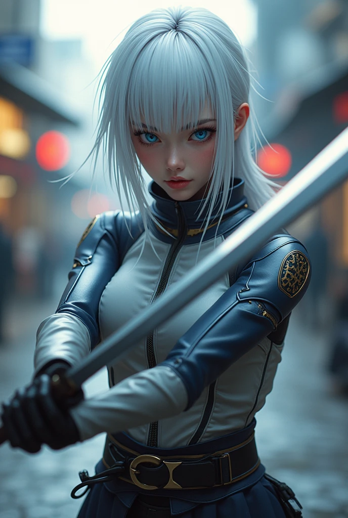 (masterpiece, best quality:1.4), (on the street), (fighting:1.5), (full body:1.2), (blue eyes), (from front), (1girl), (katana in her hand:1.2), solo, (european youth:1), 1girl, yorha no. 2 type b, (white-hair:1), hyperrealistic, high detailed skin, dslr, soft lighting, high quality, highly detailed face, highly detailed skin, skin pores, subsurface scattering, realistic pupils, medium breast, full face blush, full lips, detailed background, depth of field, volumetric lighting, sharp focus, absurdres, realistic proportions, good anatomy, (realistic, hyperrealistic:1.4), 16k hdr,