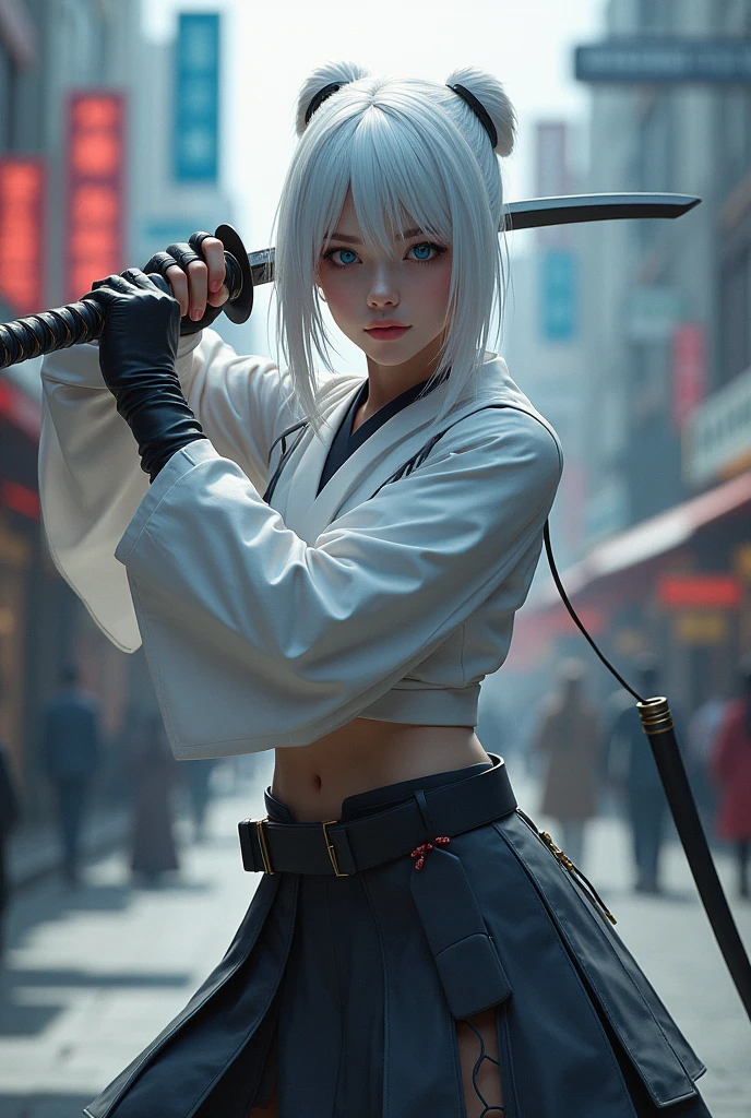 (masterpiece, best quality:1.4), (on the street), (fighting:1.5), (full body:1.2), (blue eyes), (from front), (1girl), (katana in her hand:1.2), solo, (european youth:1), 1girl, yorha no. 2 type b, (white-hair:1), hyperrealistic, high detailed skin, dslr, soft lighting, high quality, highly detailed face, highly detailed skin, skin pores, subsurface scattering, realistic pupils, medium breast, full face blush, full lips, detailed background, depth of field, volumetric lighting, sharp focus, absurdres, realistic proportions, good anatomy, (realistic, hyperrealistic:1.4), 16k hdr,