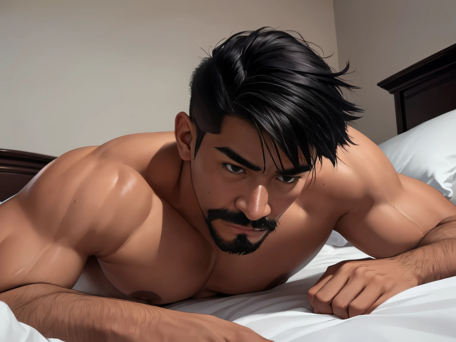 (Highest quality:1.5), (masterpiece:1.5), (8k:1.5), 1 man, (Dark bedroom:1.1), 30 years old, Macho, (Asian people:1.1), (Completely naked:1.2), black spike hair, Short moustache, (Troubled expression:1.2), Lying face down on the bed