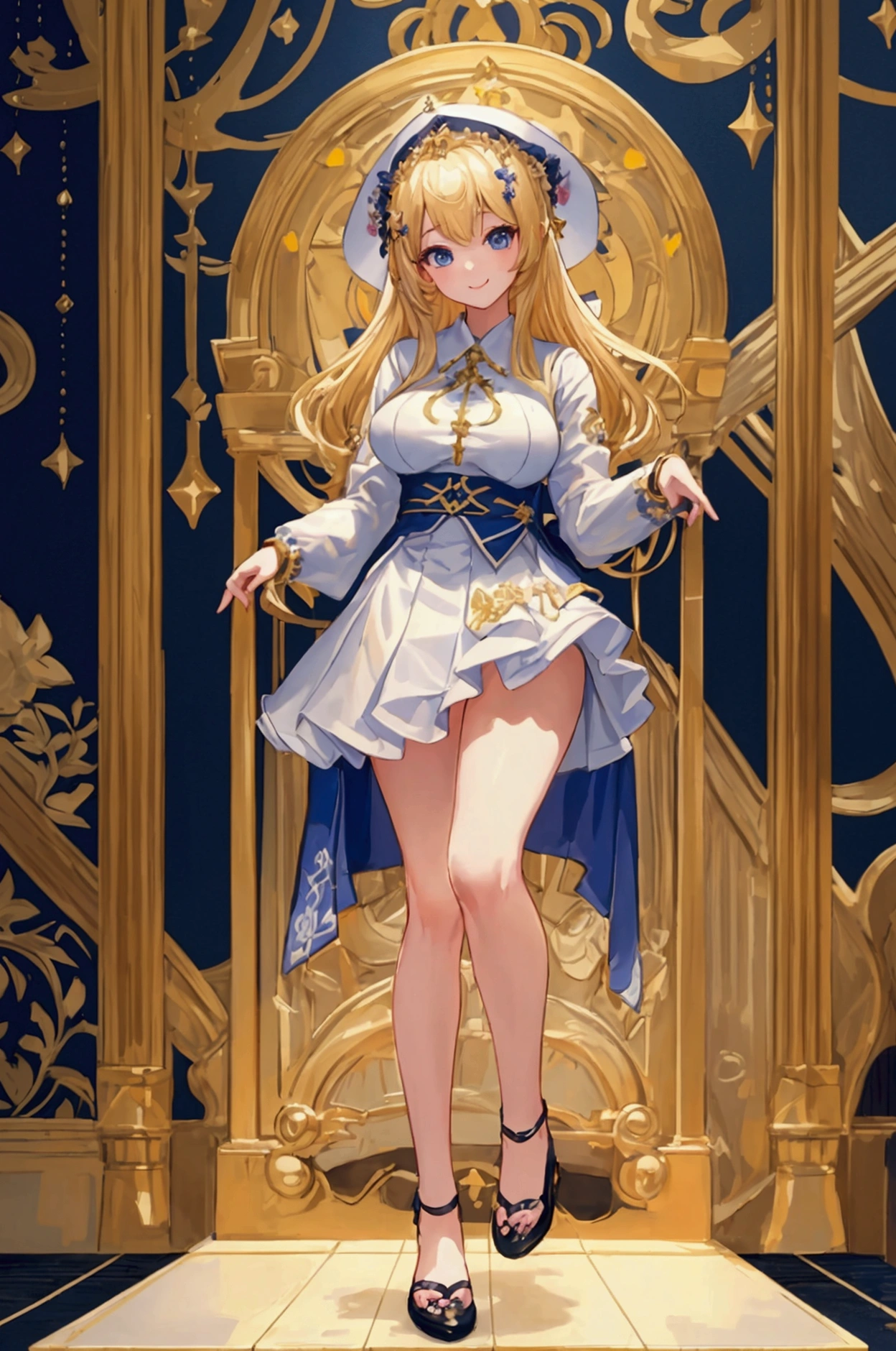 (masterpiece、Highest quality、Ultra-high resolution、Super detailed:1.3)、cute1人、Character portrait、Russian、Big Breasts、Sister、Blonde、Nuns、Breast milk、Girl、smile、、Anime Style、cute、Full body view、No background、Thighs、Toes、Beautiful attention to detail、Put shoes on your feet、Delicate hands