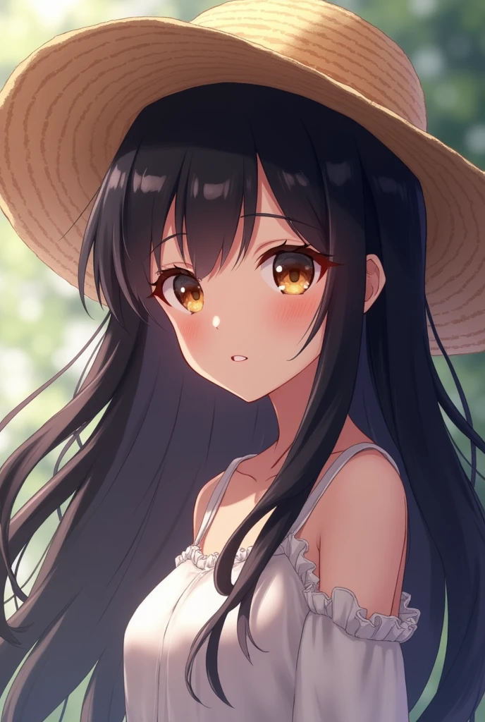 A long-haired black anime girl wearing a straw hat, Anime style 4k, Beautiful anime portrait, Anime cute art style, Anime Art Wallpaper 4K, Anime Art Wallpaper 4K, High-quality anime art style, Anime style portrait, Gu Weiss, artwork in the style of Gu Weiss, Detailed digital anime art, anime art wallpaper 8 k, Cute anime girl portrait