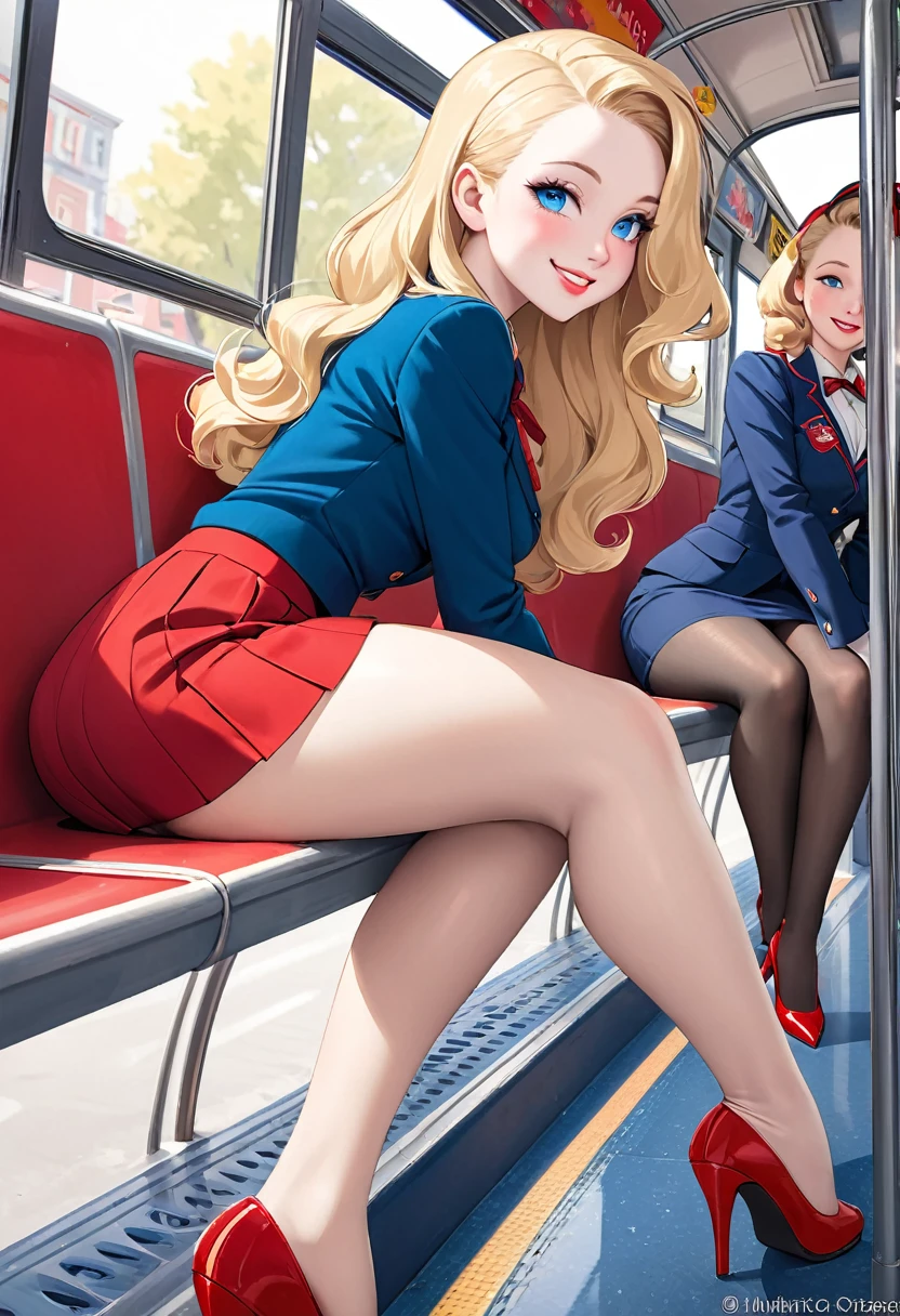Nsfw,masterpiece, small head,1940s hairstyle, stunning teen blonde women with pale skin, blue eyes, smilling face, wearing red mini skirt, pantyhose ,red stilettos ,thick calves,thick legs , big ass. She is seducing me with her sexy legs on the bus.
