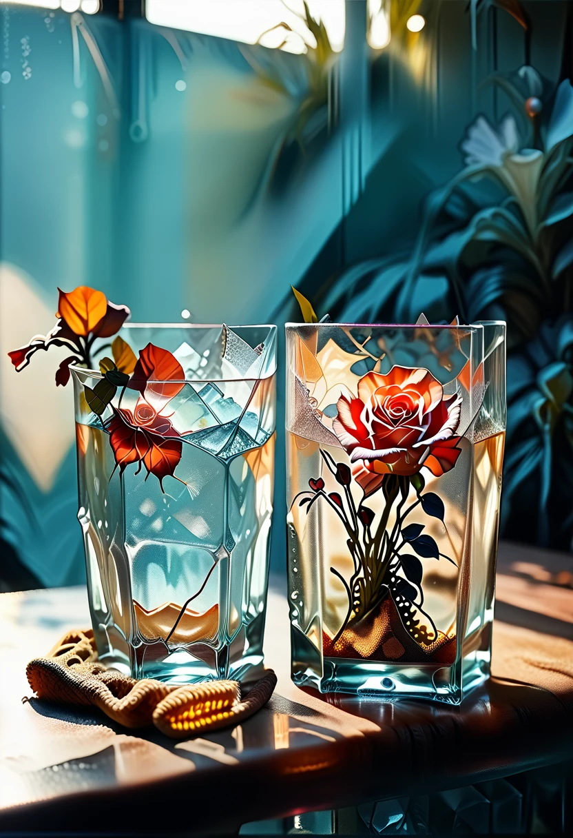 The sun in a crystal glass by the sea, against the background of mountains, the glass is of a correct classic form, open at the top, below, next to the glass, this is a red rose, High-quality realistic photography