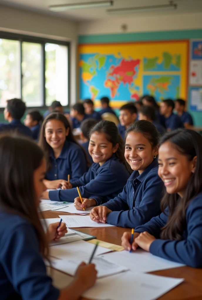 Boys and girls in dark blue uniforms, Colombians in a classroom studying happily