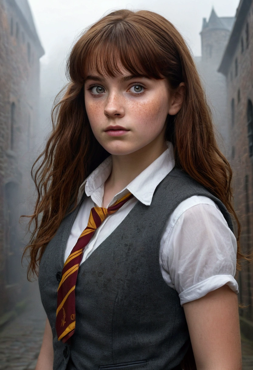 An illustrated movie poster, hand-drawn, full color, a age Hogwarts student, 18-years-old, female, wearing a charcoal vest and a pleated skirt, athletic hourglass figure, busty bosoms, full wide hips, massive round butt, long shapely legs, ridiculously thick powerful thighs, vibrant eyes, deep dark auburn hair, thick shaggy bangs, flushed sun-kissed complexion, freckles, attractive face, natural beauty, standing in a foggy Hogwarts courtyard, surrounded by mist, graphite shading, stencil marks, airbrushed acrylic paint, masterpiece, close-up shot, in the style of the Deathly Hallows