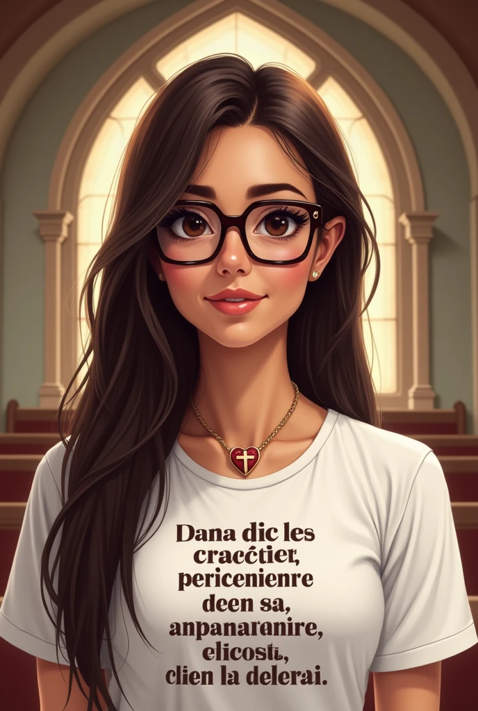 Brunette woman with very long and very straight hair and dark brown eyes, with brown rectangular glasses with a slightly wide nose, con una camisa blanca que diga en el pecho amo ser catequista en español  y un ❤️  con una cruz pequeña en el cuello con un fondo de una iglesia. let it be illustrated