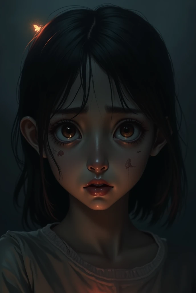 front view of abused girl in the dark and a glowing fiery small butterfly in the distance