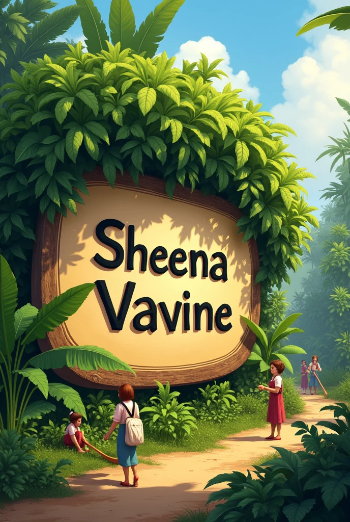 Write Sheena Vavine on the big sinebord in the bush with some bananas growing on the side with some girls working