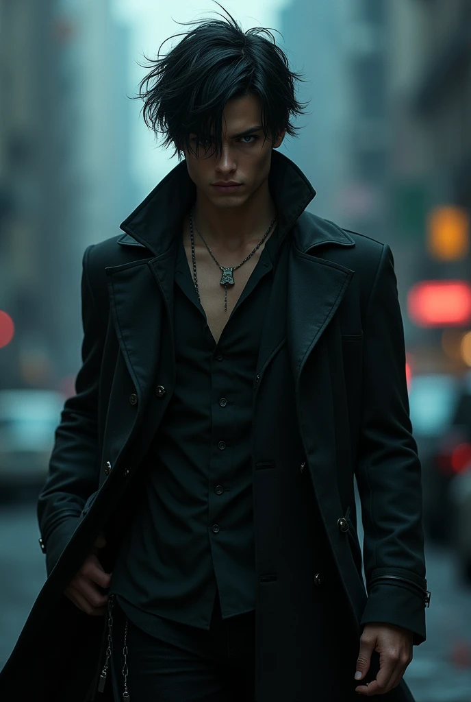 attractive appearance: Patch is described as extremely handsome, with a presence that attracts the attention of those around him.
hair: He has dark and messy hair, which adds to his rebellious and mysterious image.
eyes: His eyes are dark and deep, capable of transmitting a wide range of emotions and an intense presence.
Height and Build: He is tall and has an athletic build., which contributes to its imposing and charismatic presence.
Personal characteristics:

Mysterious and Dark: Patch has an enigmatic personality and often acts mysteriously.. His dark past and nature as a fallen angel contribute to this aura..
Manipulative and Charming: He is very skilled at manipulating situations to his advantage and uses his charm to attract and control others..
Internal Conflict: He struggles with his own identity as a fallen angel and the moral implications of his actions., which adds depth to his character.
Protective and Compassionate: Despite his sometimes ambiguous behavior, shows strong protection towards Nora and a desire to care for her, revealing his most vulnerable and compassionate side.
How it would look in real life 