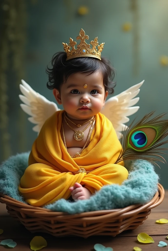 Create an image of a one year old indian baby boy being wrapped and placed in a cute, beautiful basket,  has a crown in his head, very gently placed, a peacock feather lying besides him..divine and surreal picture..wrapped in yellow and blue silk cloth, with few gold jewelry , blur background,  full focus on the baby and the basket,  divine feel,  looking at the camera