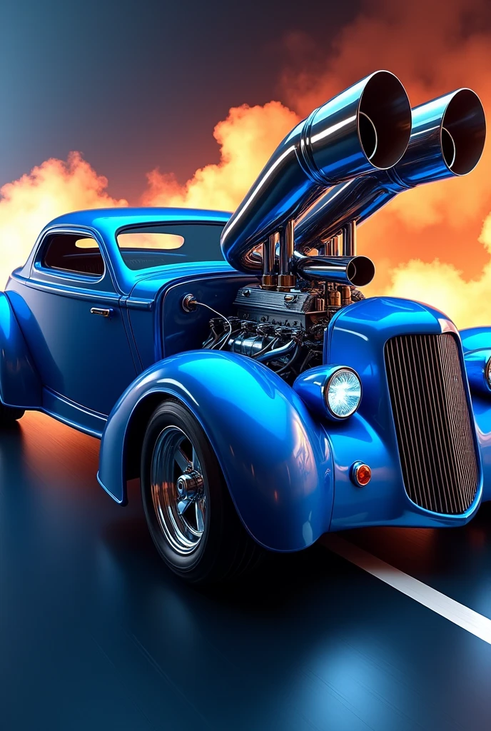 Blue hot rod with open V8 engine and long, striking exhausts