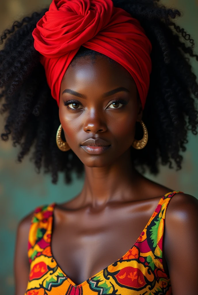 Black woman with colorful dress and red turban, with amber eyes and curly black hair 