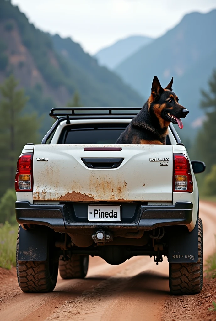 Create a white Toyota Hilux, that the license plate holder says "PINEDA" And in the back I carried the rolban and a German shepherd dog with the windows and windshield completely tinted in black and with a rough appearance, with a mountain background, on a dirt road 