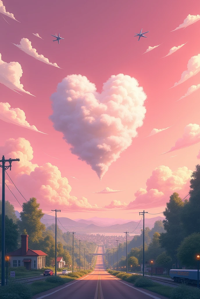 Love heart shaped cloud,pink,A plane flew by,Smaller plane,There is a road below,Traffic,Street Lights,houses,City,rail,train,天空pink,Ground green,Rich scenes,reality,Many elements,romantic,Aesthetic,9:16 screens,Golden Section