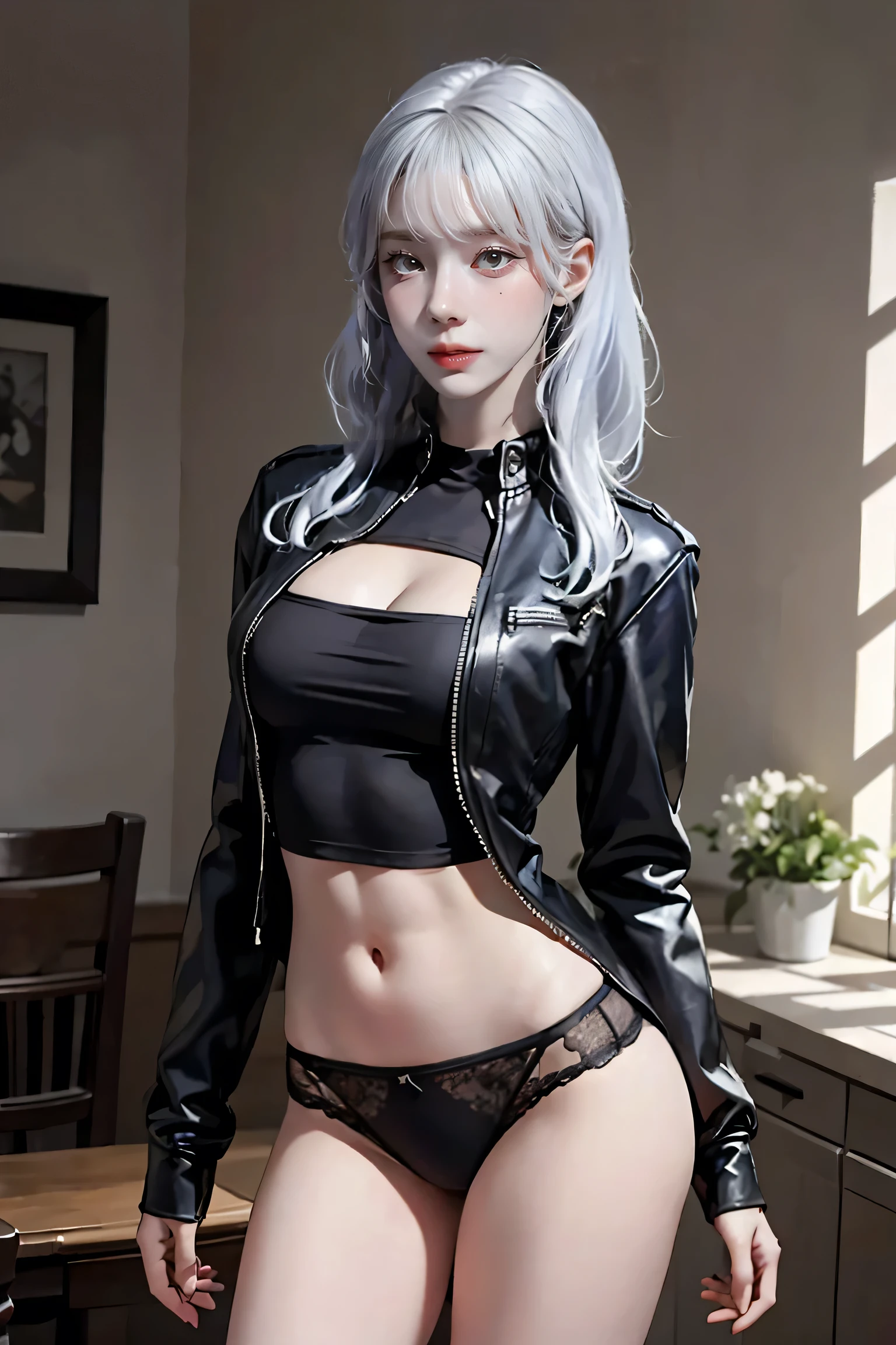 (Browsing Caution:0.8),(((Highest quality: 1.4))),(An unparalleled masterpiece), (Ultra-high resolution),(Ultra-realistic 8K CG), Official Art,(((Large Breasts))), (((Adult body))), (((Girl in a sexual position))), , Punk girl with a perfect body, Metallic Spine Jacket,Beautiful and well-groomed face,,Detailed punk fashion,leather jacket, (Head to thigh image),(( Silver Hair, length )), small leather panties, Simon Bisley&#39;Urban Brutalist Style,London detailed street background,Beautiful Abs, Complex graphics, Dark pink and white stars、Grey and white striped poison tattoo )),