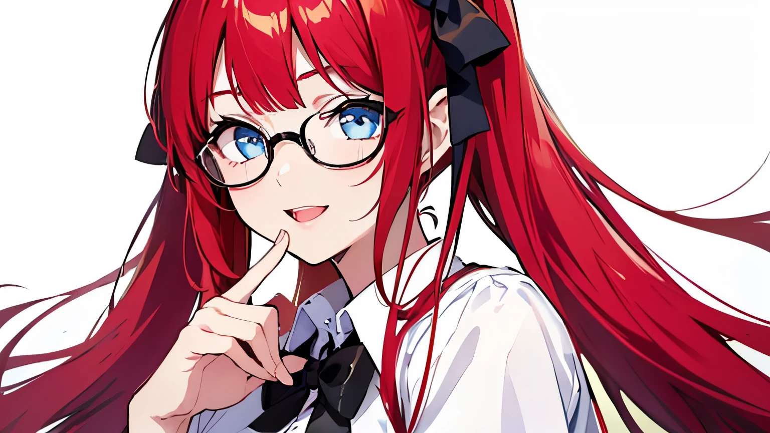 smile、Honey、Glasses、Bright Red Hair、Blue Eyes、Twin tails、Hair between the eyebrows、Straight Hair、blunt bangs、White shirt、White shirt、Black bow tie、Big Breasts、super fine illustration,(((beautiful fine hair))),(((beautiful fine face))),(((beautiful fine background))),
