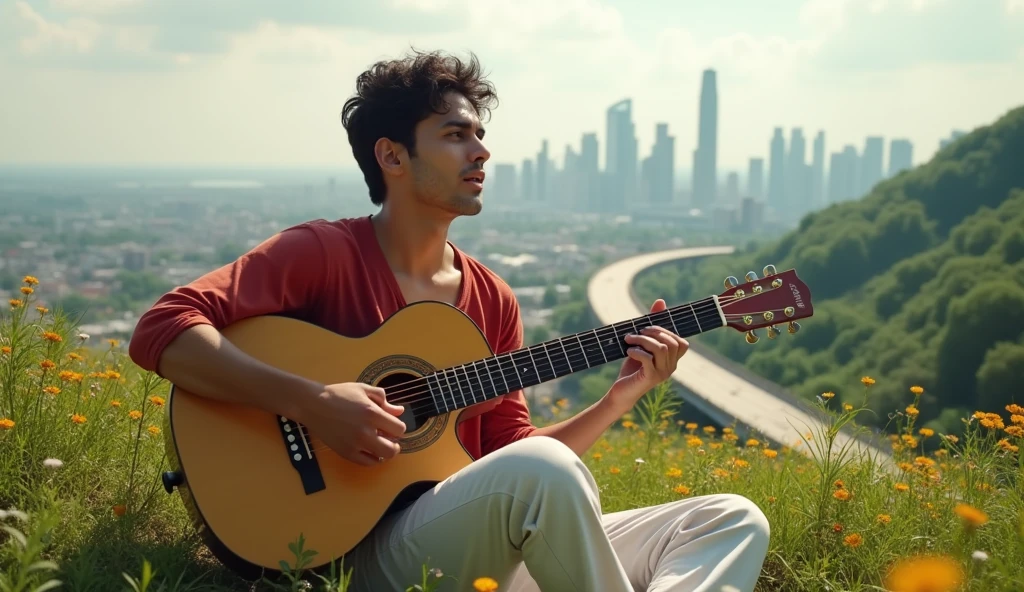 A 21 old(Indian white facial) man singing a pop song playing guitar, seating on heights place looking under the city, green hill, highway from the heights place, the small flowers around the boy, (boy upper were color is red and bottom were is white),( highly detailed),(vivid) realistic image 4k HDR