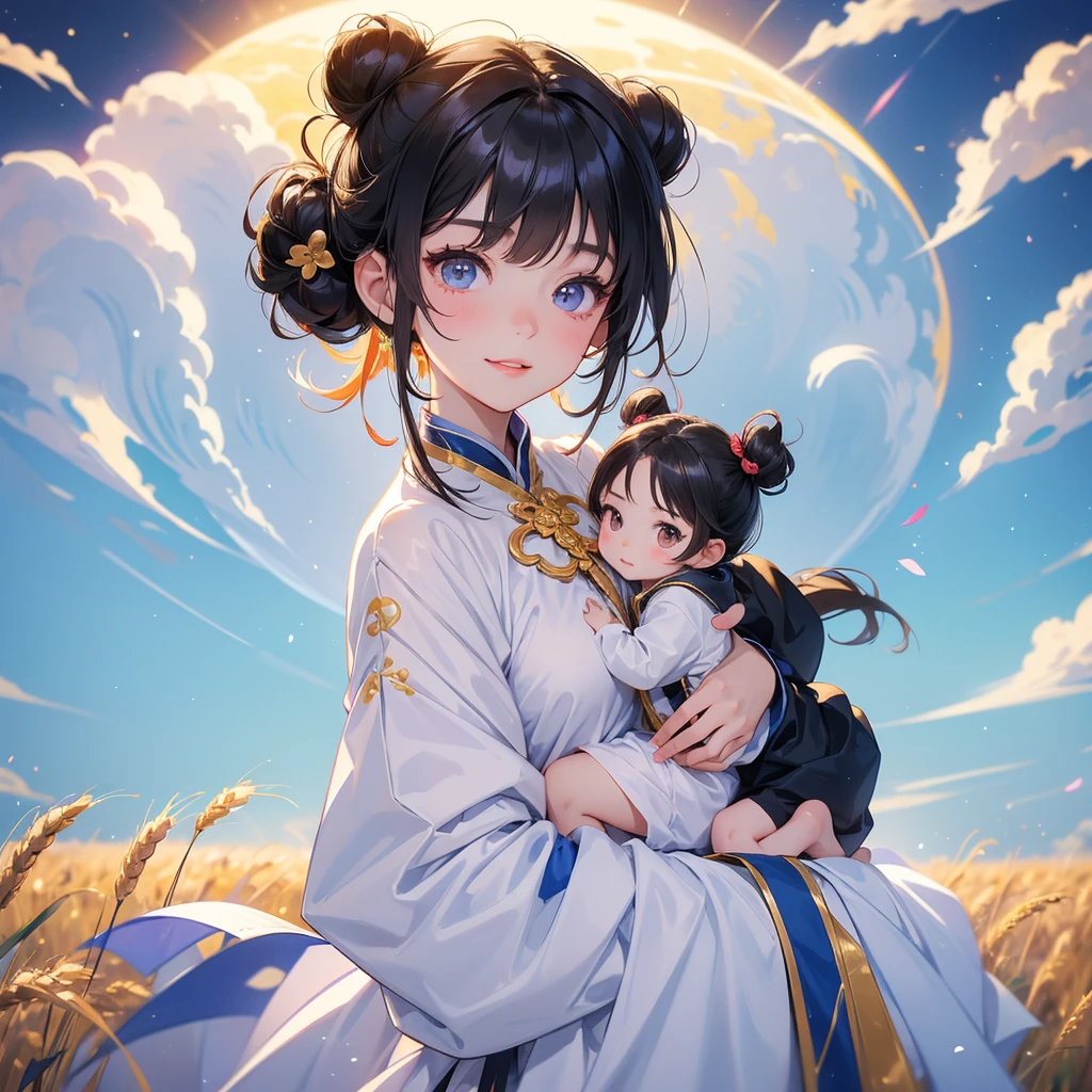 A chibi child girl had a small face and Wearing white little Taoist priest's outfit. A pair of big round eyes shone with curiosity about him. This child was so cute! ,her hair is black with two buns on her hair.small chibi, chibi baby, smiling,The little chibi baby looked up with his chest raised, and his face was old and proud.

Standing in the middle of a wheat field。
