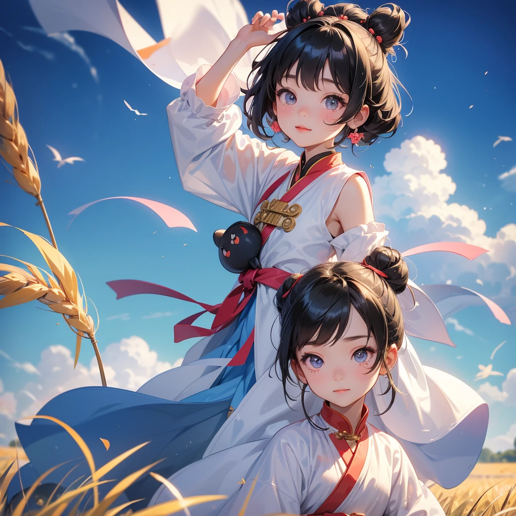 A chibi child girl had a small face and Wearing white little Taoist priest's outfit. A pair of big round eyes shone with curiosity about him. This child was so cute! ,her hair is black with two buns on her hair.small chibi, chibi baby, smiling,The little chibi baby looked up with his chest raised, and his face was old and proud.

Standing in the middle of a wheat field。
