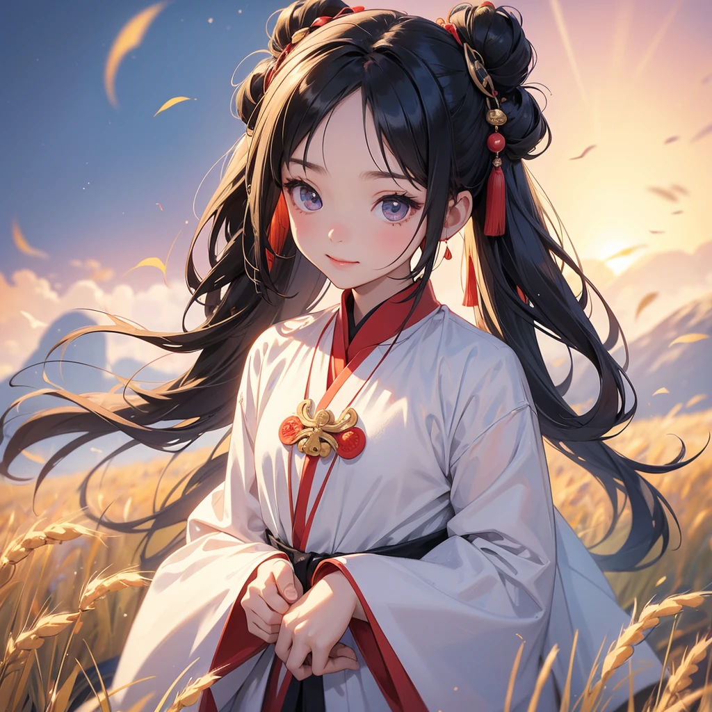 A chibi child girl had a small face and Wearing white little Taoist priest's outfit. A pair of big round eyes shone with curiosity about him. This child was so cute! ,her hair is black with two buns on her hair.small chibi, chibi baby, smiling,The little chibi baby looked up with his chest raised, and his face was old and proud.
Standing in the middle of a wheat field。