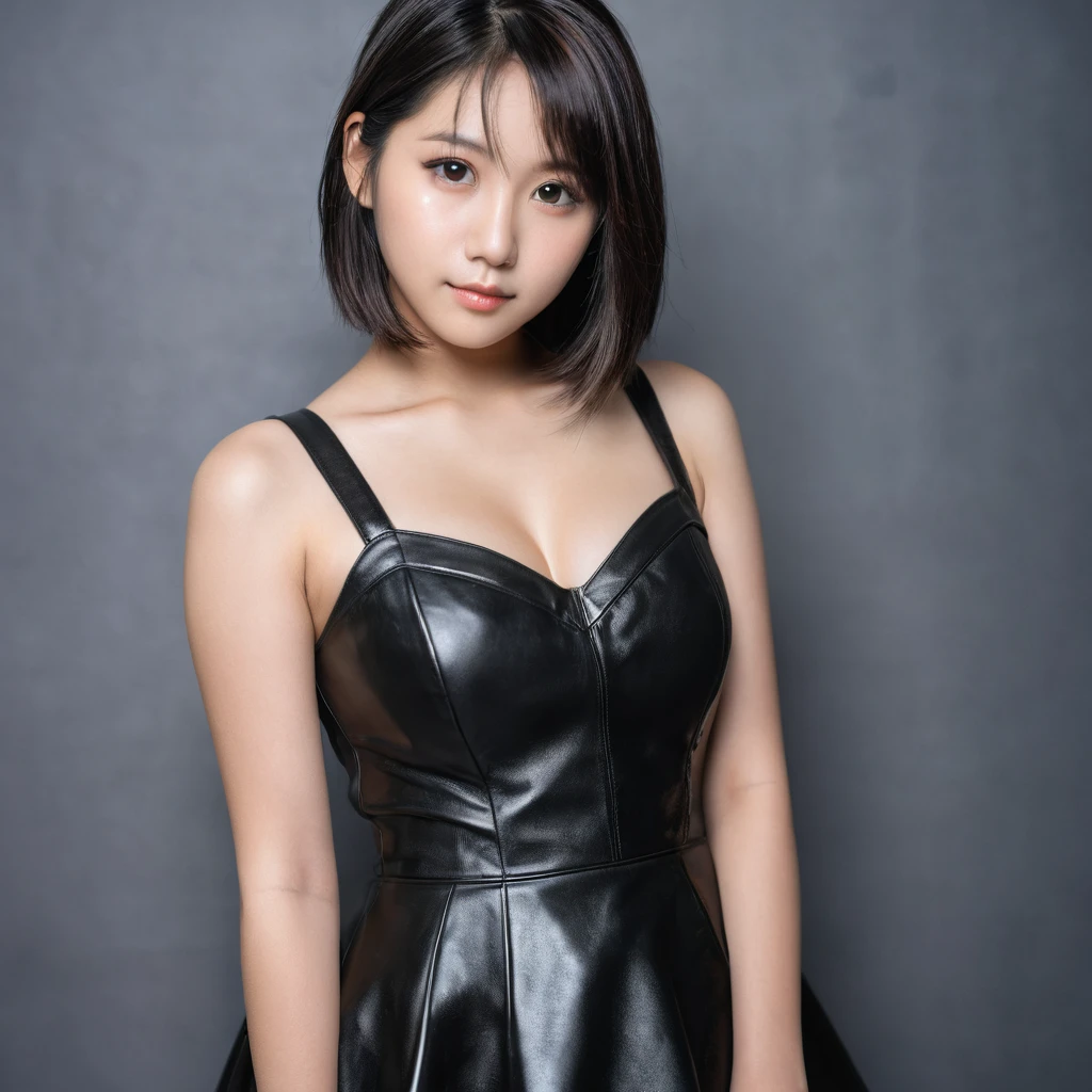 Yui, photo of female, age 15 year, black shoulder length hair with brown highlights; (dslr, ultra quality, film grain, Fujifilm XT3, crystal clear, 8K UHD, highly detailed glossy eyes, high detailed skin, skin pores); big breast, black sexy leather dress, back waist