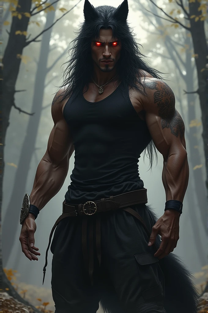 black haired man with night blood red eyes and glowing with a muscular body wearing a tight shirt and baggy pants with wolf ears and a wolf tail that are the same color as his hair 