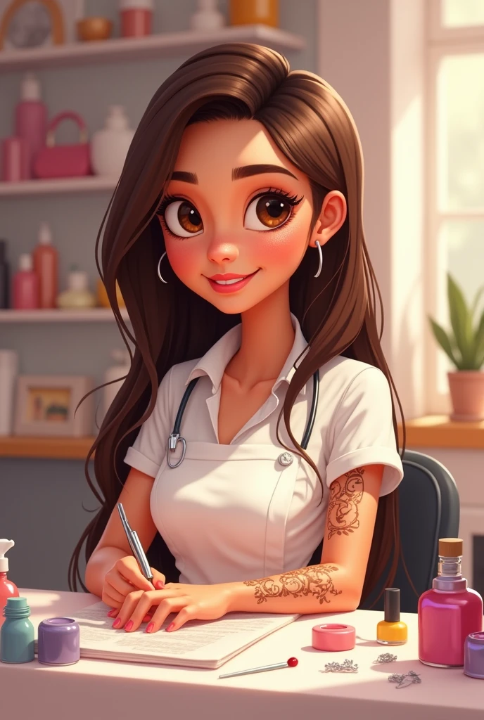 Brisa Manicurist pixar, with apron long straight brown hair brown eyes, small eye, brunette tattoo on forearm