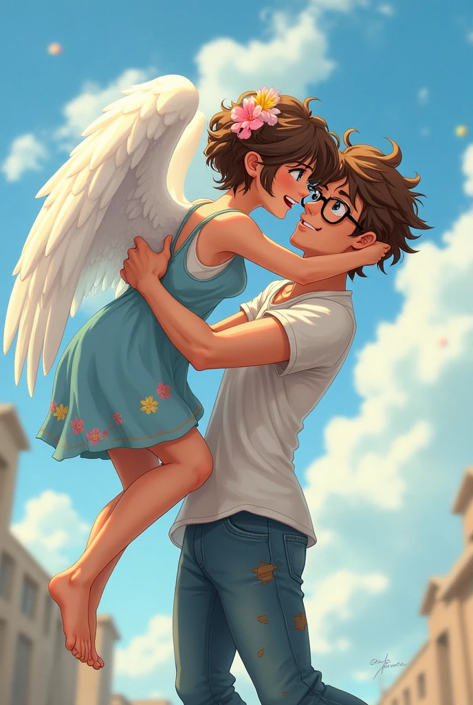 Description: Ángel finally catches up to Cielo and lifts her into the air. Cielo crosses her arms, pretending to be displeased, while Ángel laughs, holding her effortlessly.
Ángel: Brown, messy hair, glasses, bright blue eyes, casual clothes with visible scratches.
Cielo: Short brown hair adorned with a pink flower, blue floral dress, laughing while running.
