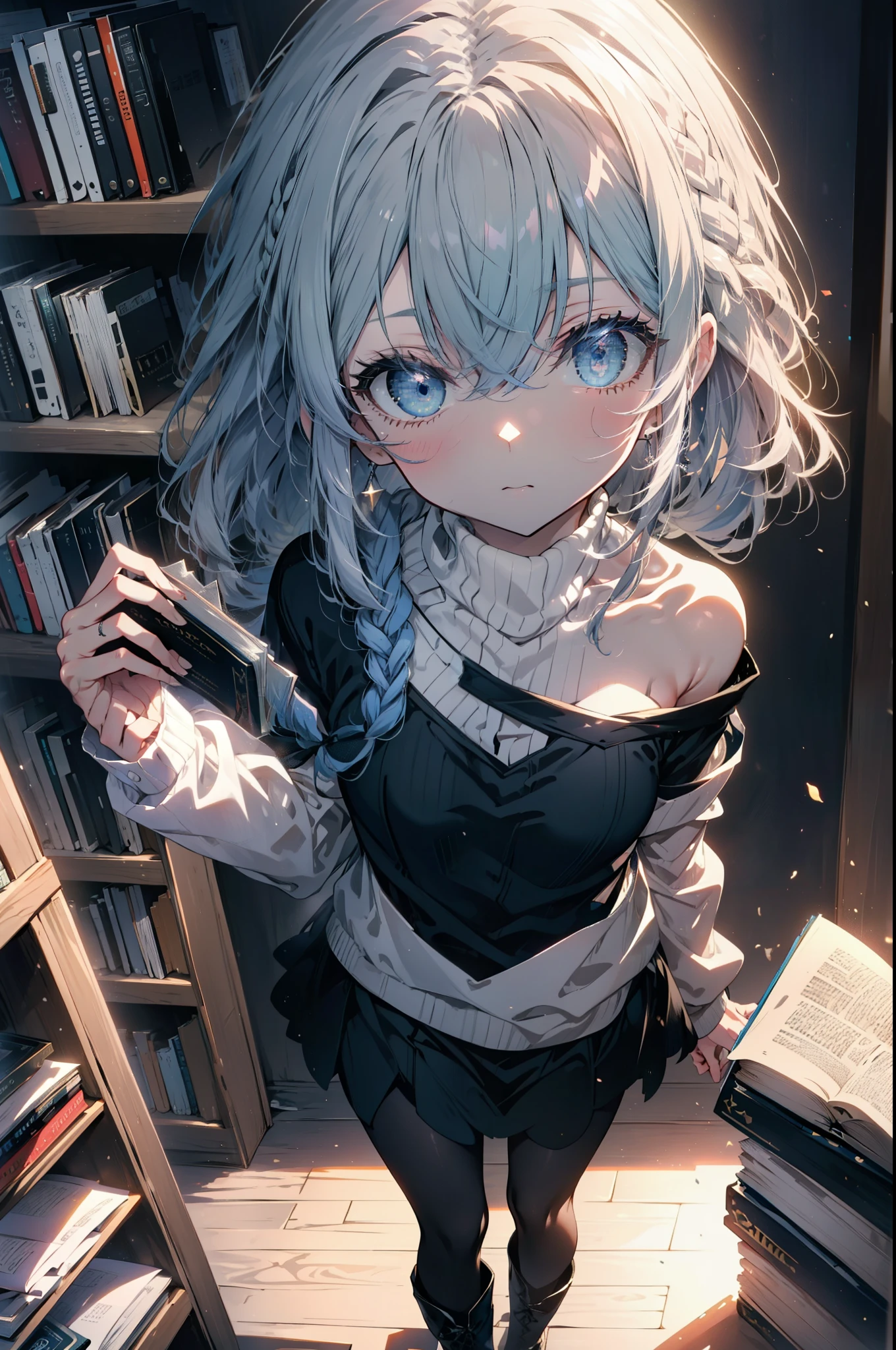 Roxymigurdia, Roxy, Ahoge, Black Ribbon, blue eyes, Blue Hair, Braiding, Hair between the eyes, Hair Ribbon, Long Hair, twin Braidings, very Long Hair, Blue one-shoulder sweater,mini skirt,black tights,short boots,Book with both arms　Holding a spell book,Grimoire,Are standing,Bookshelf,There is a spellbook on the table,whole bodyがイラストに入る,
break looking at viewer,whole body,
break indoors,figure書館,
break (masterpiece:1.2), Highest quality, High resolution, unity 8k wallpaper, (figure:0.8), (Beautiful attention to detail:1.6), Highly detailed face, Perfect lighting, Highly detailed CG, (Perfect hands, Perfect Anatomy),