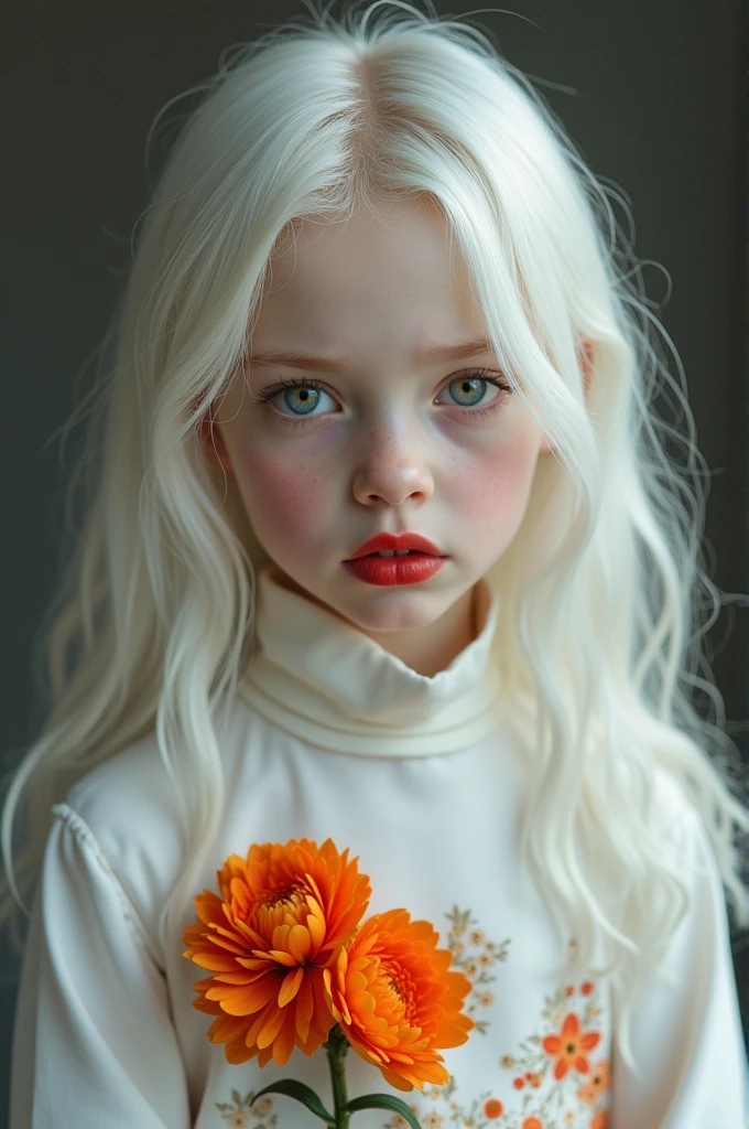 generate a photo of a girl (She is 2) with an aesthetic appearance, pale skin, long platinum white hair, wearing dark red lipstick with gloss, wearing a white long-sleeved blouse with orange flowers, taking a selfie, serious expression